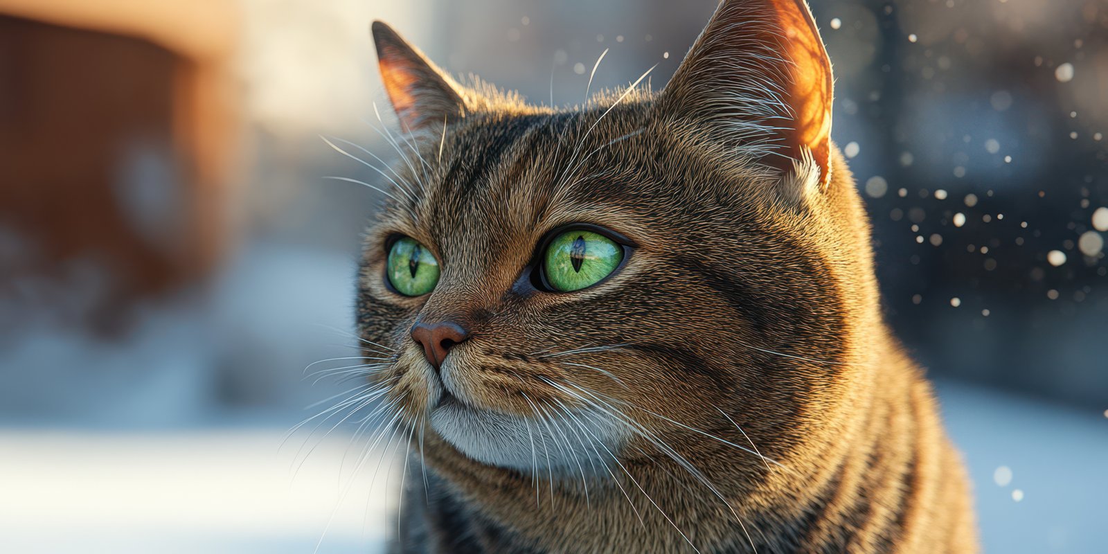 Curious feline gazes into the distance during a serene winter afternoon in a snow-covered environment